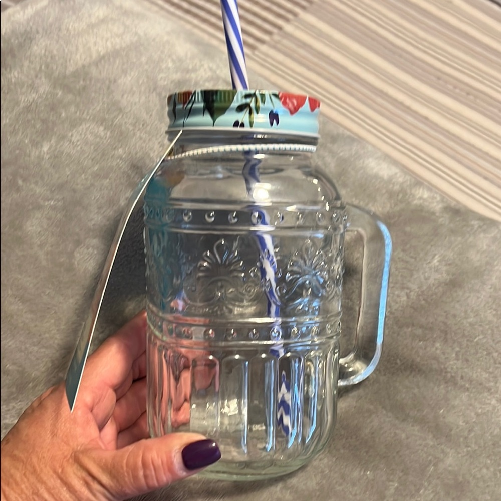 The Pioneer Woman Floral Mason Jar with Blue Straw set of three - Picture 6 of 7
